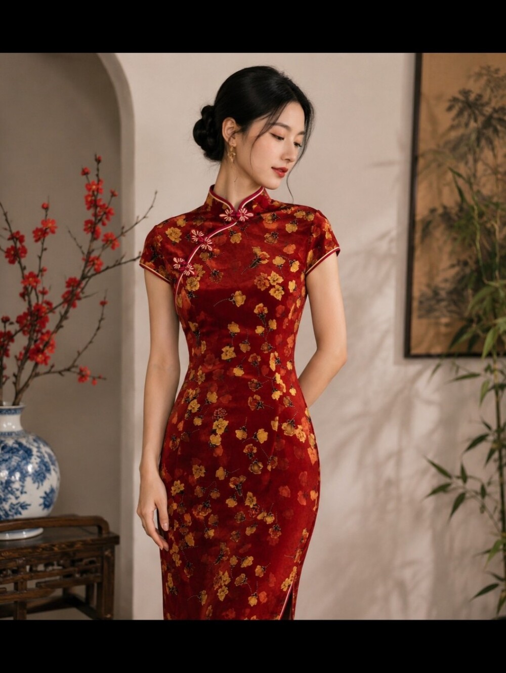 Women's Red Floral Velvet Look Chinese Cheongsam Qipao Dress Mandarin Collar M